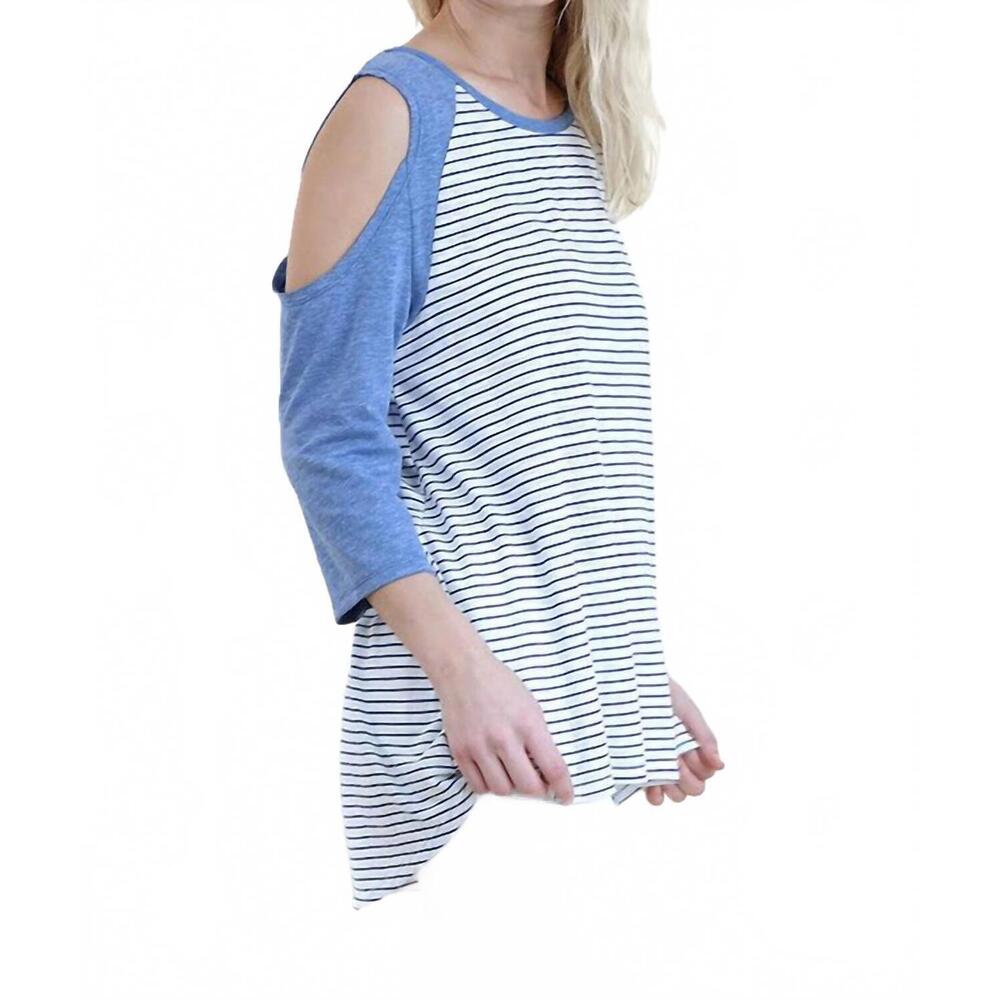 NEW UMGEE open shoulder striped raglan top in blue - Picture 3 of 4